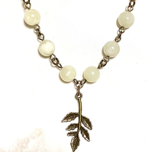 Natural Pale Green Serpentine Necklace, Bronze Leaf Branch + Genuine Gemstone - Picture 4 of 14